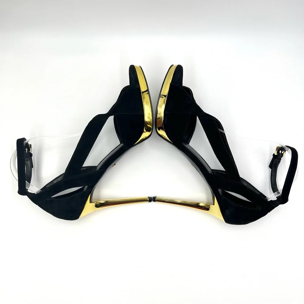 MK‎ Michael Kors Womens Size 9.5 Black Suede Gold Stiletto Platform Heels Shoes